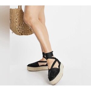 ASOS Design T5 Black Platform Espadrille Lace Up Sandals Wrap Ankle UK 6 US 8